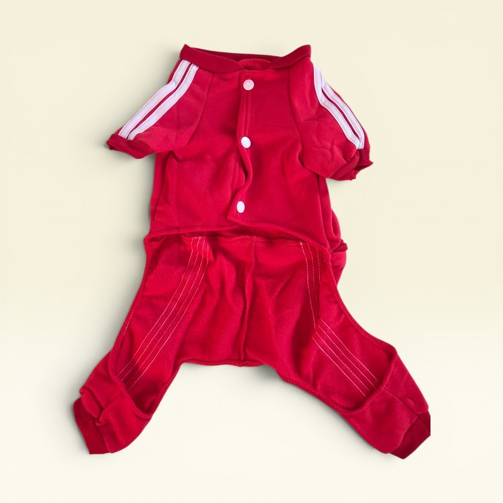 Red Superstar Pet Tracksuit Jumpsuit Dog Cat Athletic Outfit Red White Stripe - Picture 3 of 5
